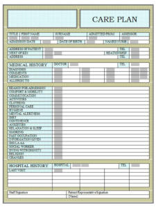 care plan records their medical condition, hospital history, medication, reason for admission, next of kin and many other details.