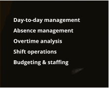 	Day-to-day management  	Absence management  	Overtime analysis 	Shift operations 	Budgeting & staffing